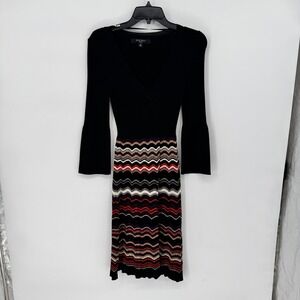 Nine West Dress Womens Small Black Ribbed Knit Chevron Bell Sleeve Midi Sweater
